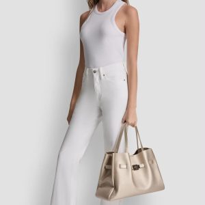 Polène Textured Leather Tote Bag in Metallic Taupe