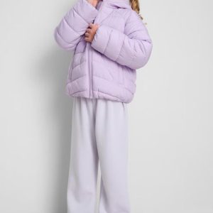 A hooded puffer jacket with a zip front and pockets