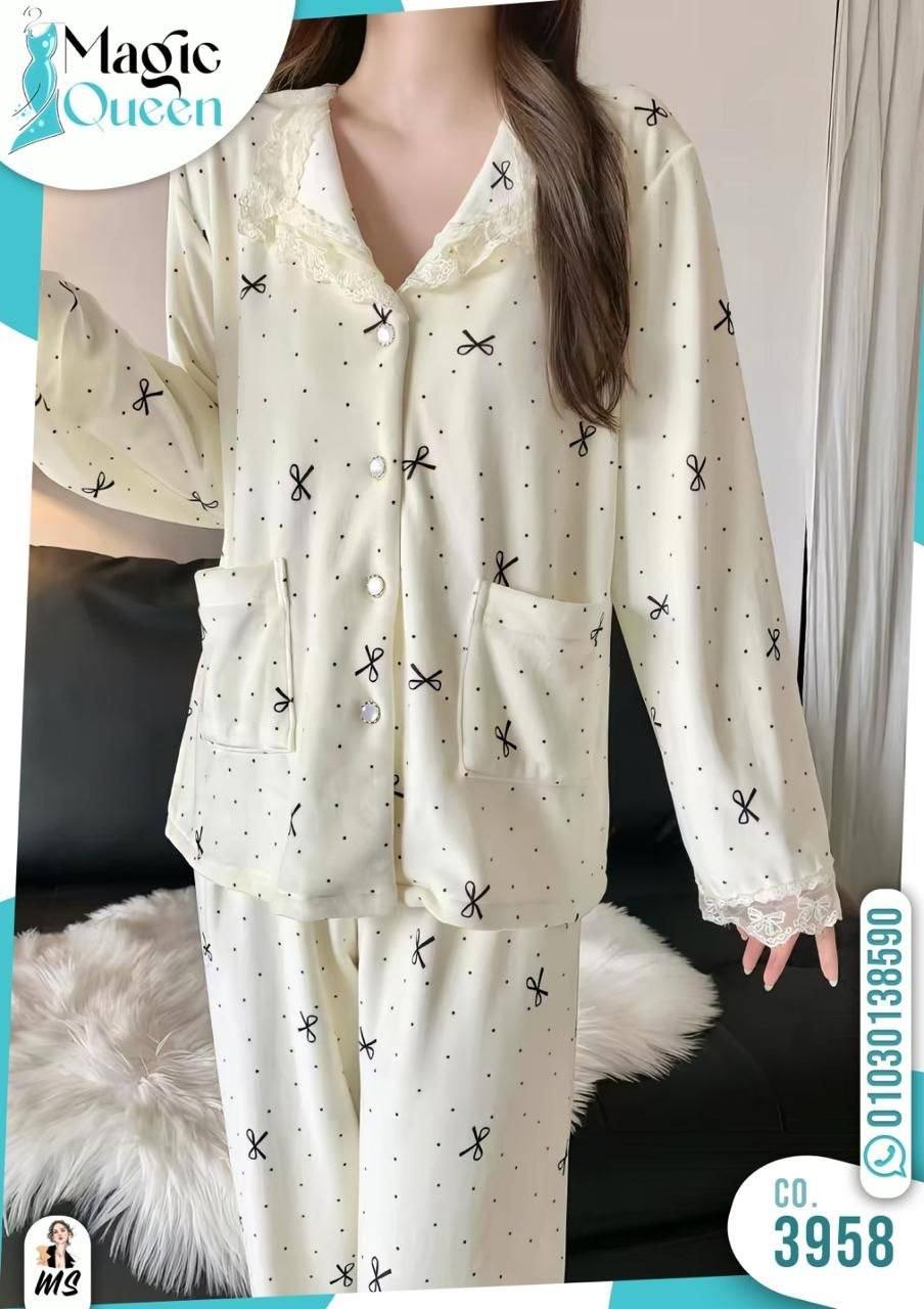 Cozy Bow-Print Two-Piece Sleepwear