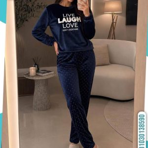 Cozy and elegant navy blue velvet two-piece pajama set
