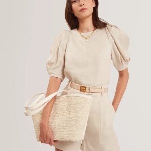 Ted Baker Pammina Raffia Straw Bucket Tote Ivory