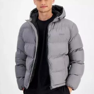Hugo Boss Men's Beazly2436 Slim-Fit Quilted Full-Zip Hooded Puffer Jacket in grey.